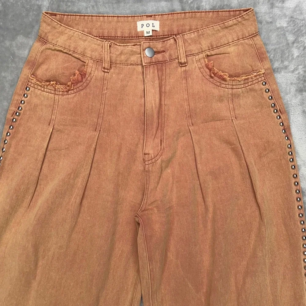POL Wide Leg Pants Womens Medium Rust Gold Studded Split Hem Raw Edge Boho Jeans